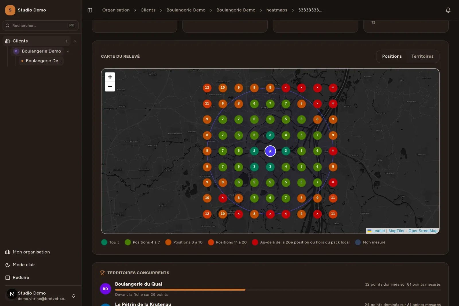 GeoGrid SEO local affichant les positions Google Maps sur plusieurs points géographiques