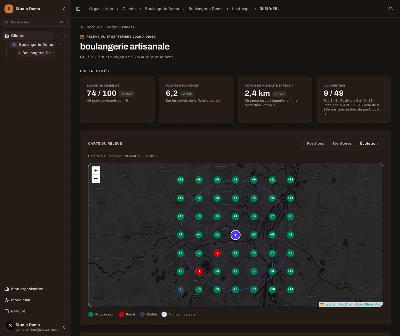 Comparaison de deux relevés GeoGrid montrant l’évolution des positions Google Maps