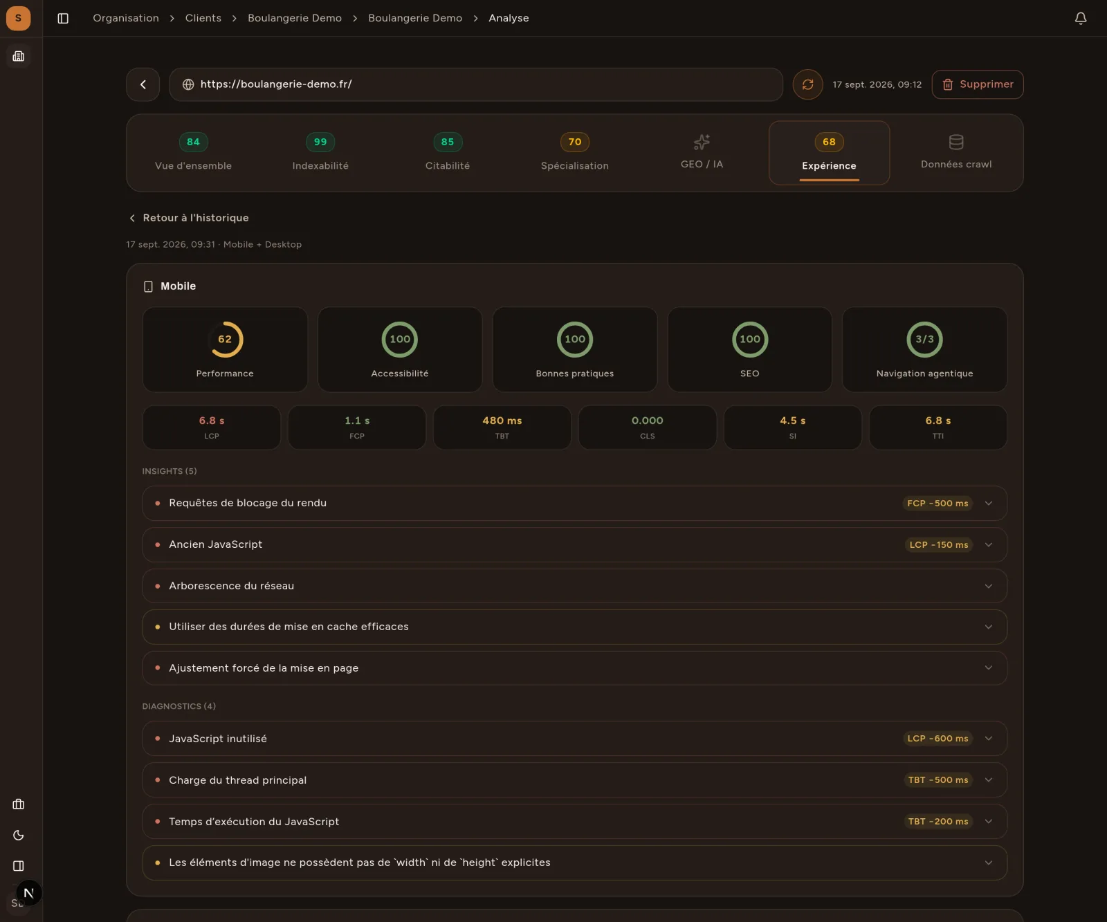 Analyse PageSpeed intégrée à un audit SEO local Bretzel SEO